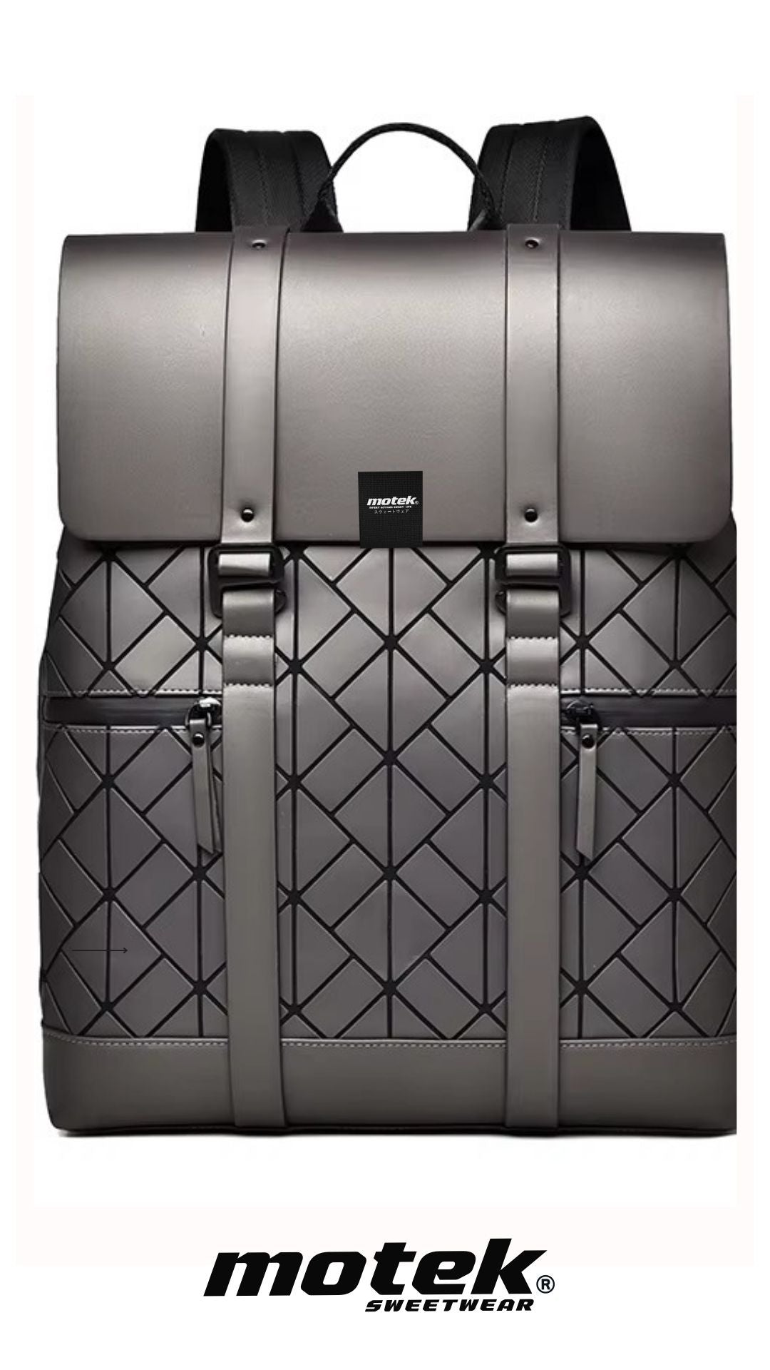 Gray backpack with geometric pattern on a white background, featuring the motek brand.