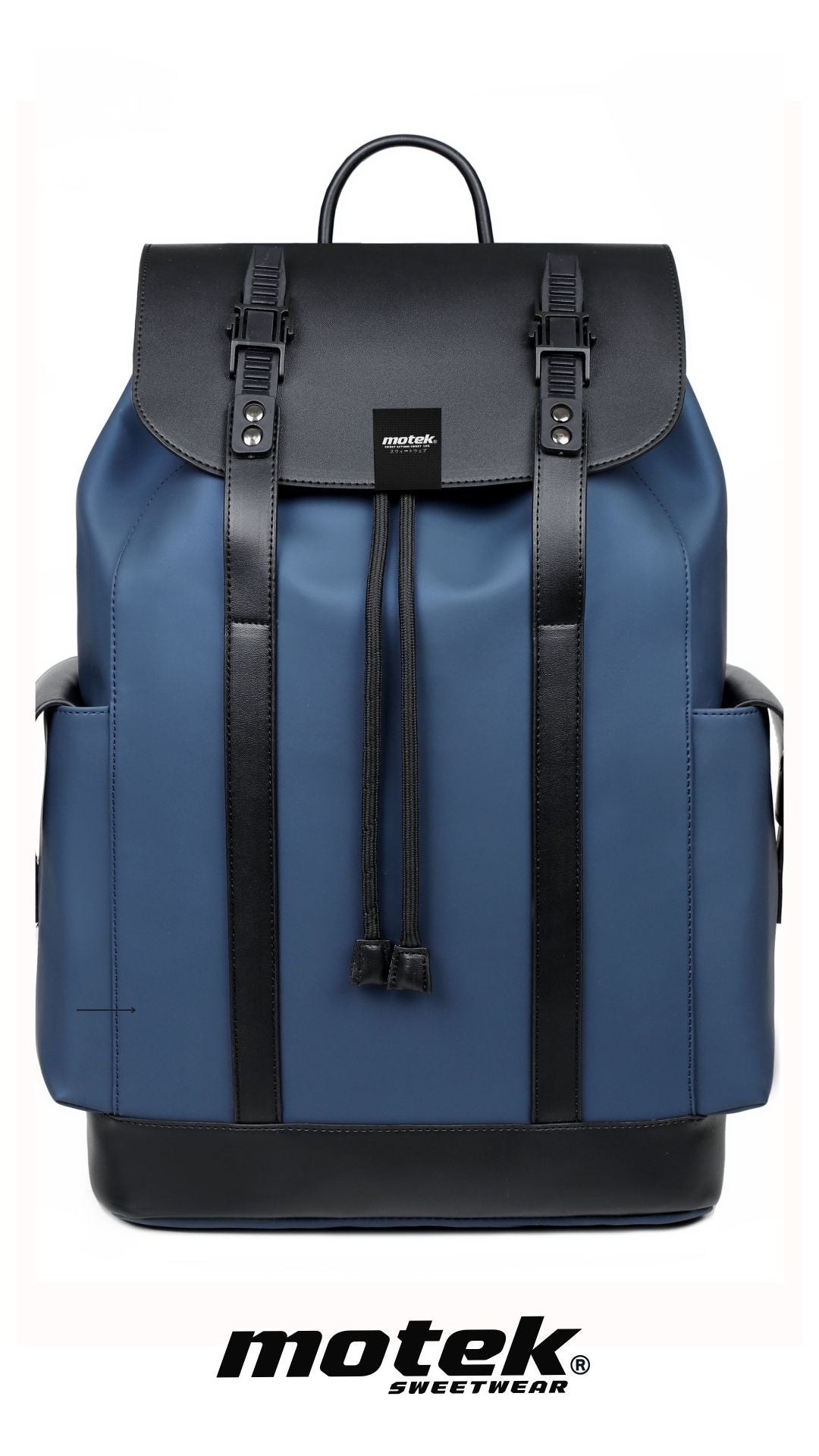 Blue backpack with black straps and 'motek' branding on a white background
