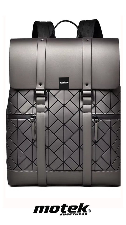 Gray backpack with geometric pattern on a white background, featuring the motek brand.