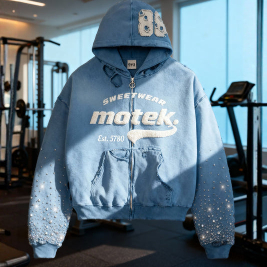 Motek Sweetwear – “Blue Crown” Crystal-Chenille Zip Hoodie
