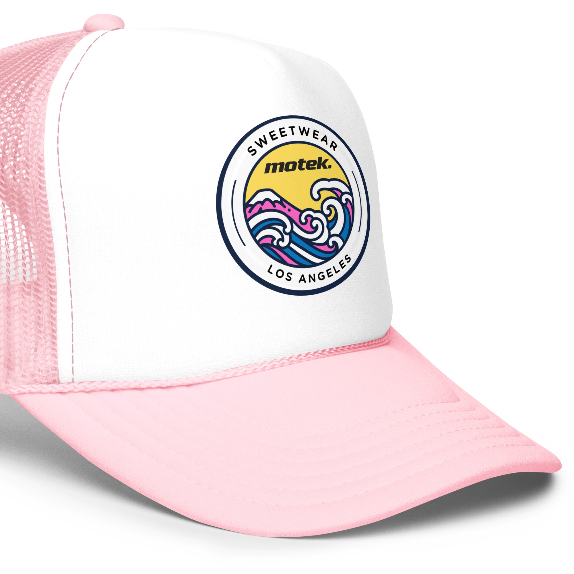 Pink and white cap with a logo on a white background