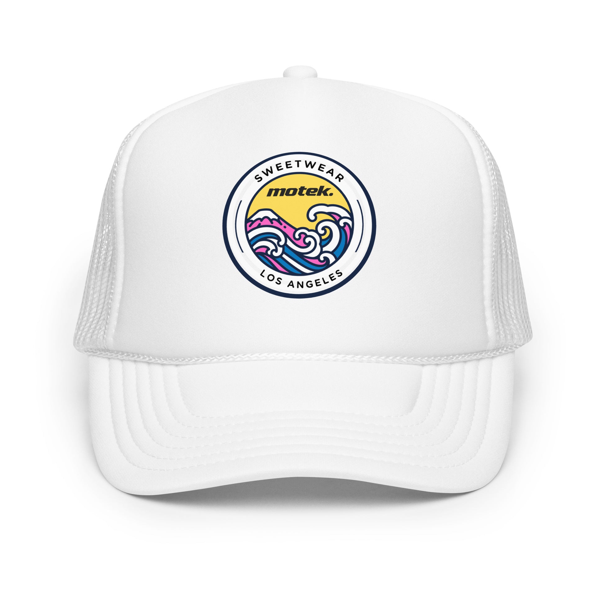 White trucker cap with colorful logo on a white background