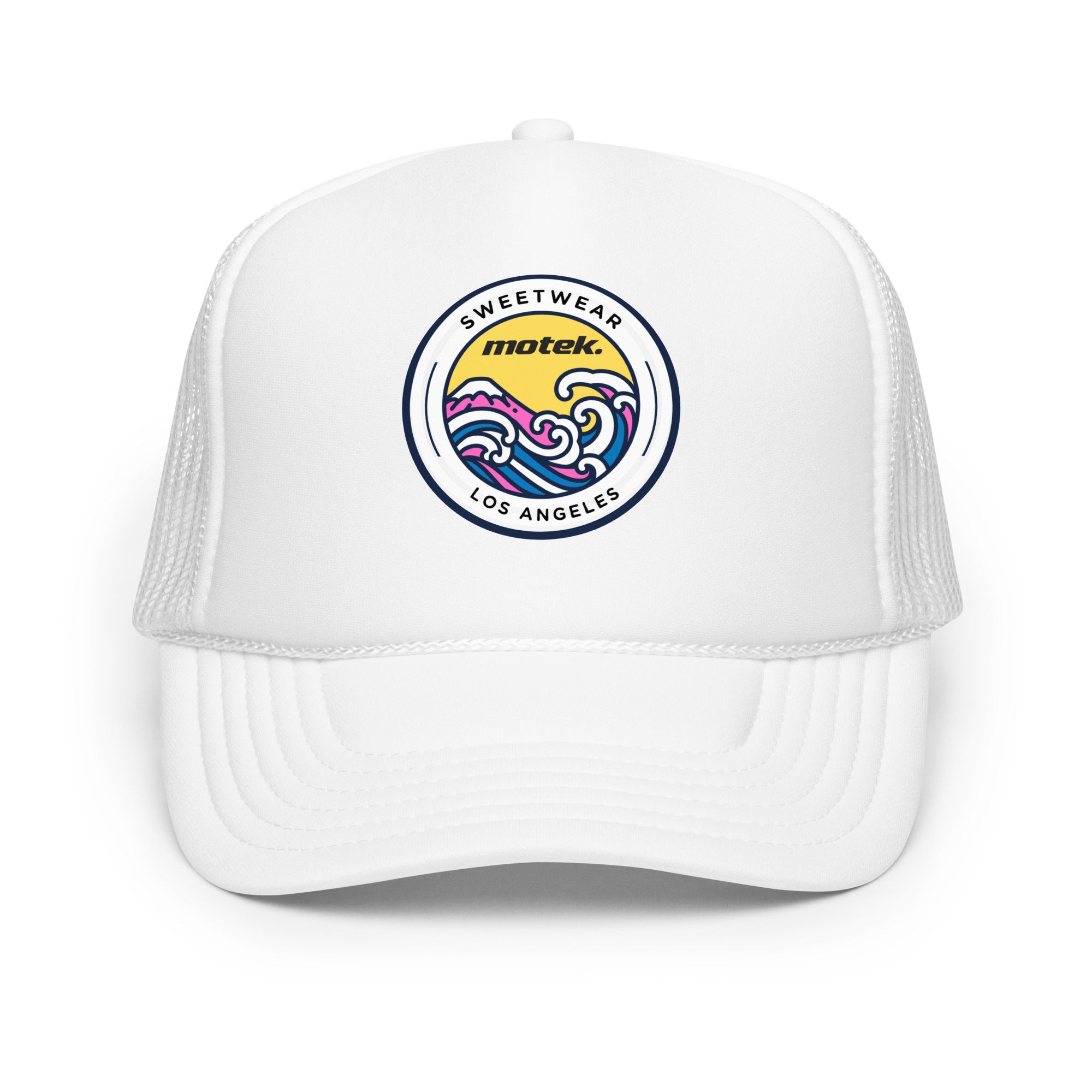 White trucker cap with colorful logo on a white background