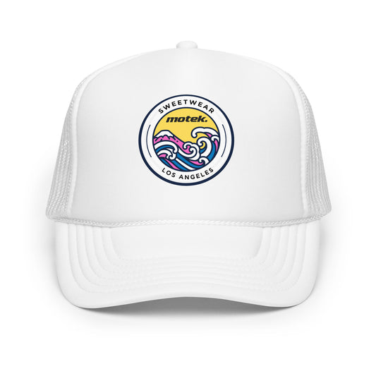 White trucker cap with colorful logo on a white background